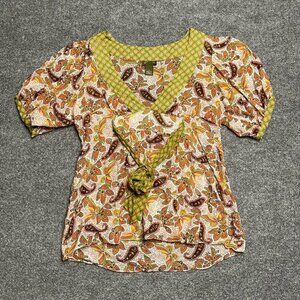 Fei Anthropologie Womens Blouse Multicolor Floral Short Sleeve Sash Belt 2
